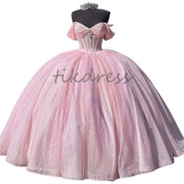 Vestidos de quinceanera rosa brillante brillante vestido de pelota de lentejuelas de lujo dulce 16 fiesta de cumpleaños vestida vestido de 15 xv anos debutante 2024 bling quince tobe de bal