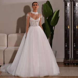 Cuello con cuentas brillantes Línea A Vestido de novia Vestidos de novia Malla Manga larga Lentejuelas Top Vestidos De Novia para boda