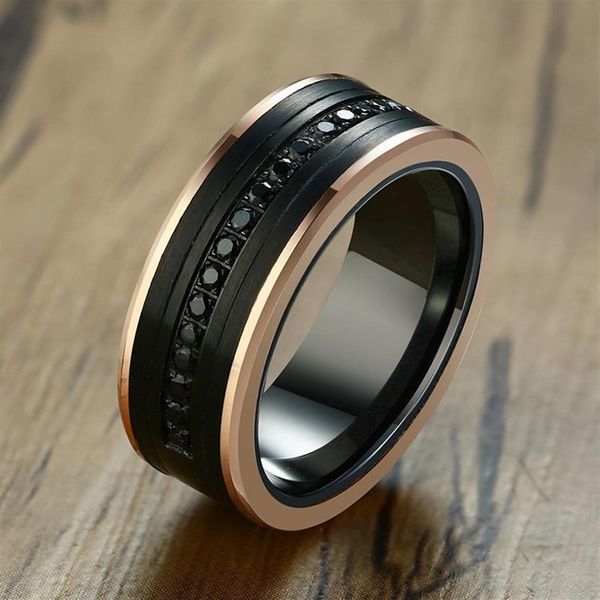 Bagues de mariage en pierre CZ noir brillant pour hommes finition mate carbure de tungstène bureau affaires bague accessoires262E