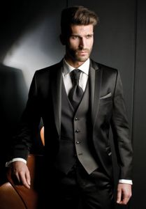 Personaliseer Shiny Black Groom Tuxedos GroomsMen Beste Man Blazer Prom Dress Pak Zakelijke Pakken Jas + Broek + Vest + TIE NO: 2