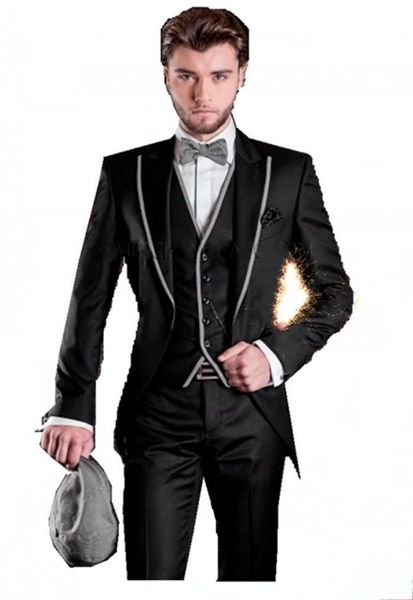 Tuxedos de marié noir brillant, costume de bal à revers pour homme, ensemble de robe de bal de mariage (veste + pantalon + gilet + cravate) J358