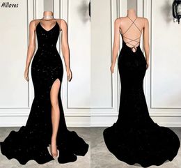 Robe de bal sirène noire brillante à paillettes, sexy, col licou, longue, tenue de soirée formelle, cuisse fendue, robe de soirée de deuxième réception pour femmes, classique CL3133