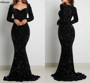 Glanzende zwarte lovertjes Mermaid prom jurken plus size met lange mouwen vrouwen speciale afgelegen feestjurken slanke gepaste beroemdheid rode gala avond formele jurk cl2722