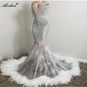 Vestidos de fiesta Fromal con cuello en O, ilusión de encaje brillante y brillante, decorados con cuentas, cristales de Rin, perlas, vestidos con volantes de encaje chispeante, vestidos de fiesta de graduación para mujer de sirena