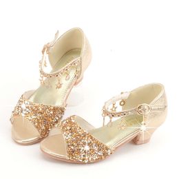 Glansende bling kwastje kinderen gouden sandalen meisje schoenen met hakken gouden pailletten meisjes sandaal hakken mooi feest formele kleding schoen L2405 l2405