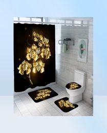 Glansende blauwe gouden roos waterdichte douchegordijn set toiletkapmatte niet slip bad tapijten badkamer valentine039s dag kerst de1025862