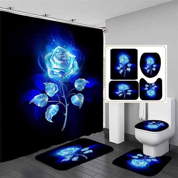 Shiny Blue Golden Rose Ensemble de rideau de douche imperméable Tapis de couverture de toilette Tapis de bain antidérapant Salle de bain Saint Valentin Décoration de Noël 220517