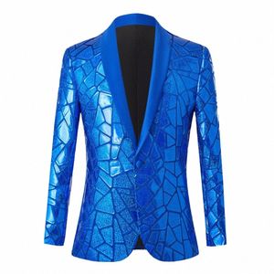 Blazer à paillettes bleues brillantes pour hommes, col châle, un bout, smoking, Costumes de scène pour fête de mariage, Z563 #, 2023