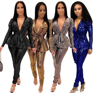 Glanzende bronzing Women Two -Piece broek Set Deep V lange mouw riemtop jas en potloodbroek volledige lengte matching sets mode flash outfits