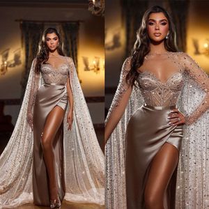 Brillant Champagne Robe De Soirée Élégante Chérie Paillettes Sirène Robes Avec Wraps Robe De Bal Formelle