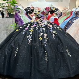 Shiny Charro Black Mexican Quinceanera Dress 2024 Colorful Florals Glitter Lentejuelas Vestidos De 15 Anos Lace Up Fiesta de cumpleaños Mascarada vestidos de gala mujer