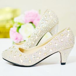 Glansend kristal 2015 Trouwschoenen 5 cm Medium Heel lovertjes Bridal Shoes Rhinestone Silver Prom Party Shoes Rood en Gold277J