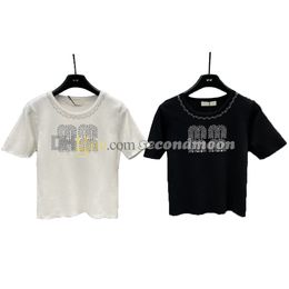 Tricot en cristal brillant pour femmes, col rond, manches courtes, haut en strass brillant, t-shirts