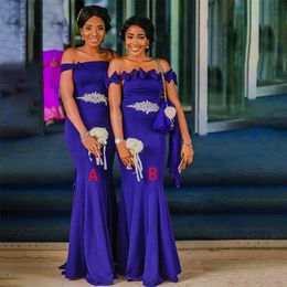 Glanzende kristal zeemeermin bruidsmeisje jurken Royal Blue Women Long Off Shoulder Wedding Party Robe de Soiree de Mariage