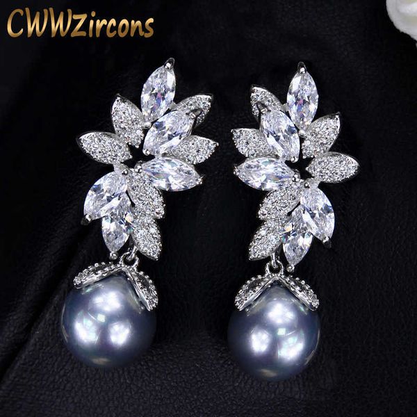 Zircon cubique brillant réglage feuille forme 925 argent pendantes gris perle boucles d'oreilles bijoux pour femmes cadeau CZ332 210714