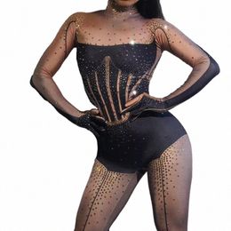 Brillant Diamds Spandex Stretchy Club Barboteuses avec des gants Vêtements de femme sexy pour discothèque Bar Party Wear Summer Dr Tiaotiaohei L2EF #