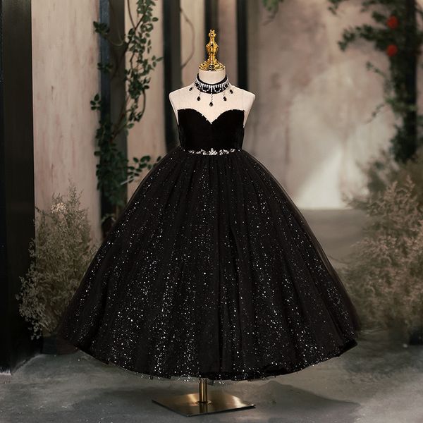 Robes de demoiselle d'honneur fille brillante Black First Holy Communion Kids Teens Pageant Vandes d'anniversaire Robe de fête pour le mariage Cooktail Cooktail 403