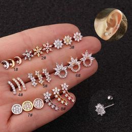 Glanzende bloemenmaan Oor Bot Nageloorbellen Stud Creative Cubic Zirkon Oorbeen studs Roestvrij stalen schroef Backanti Allergie Fijne staaf Earnail wit goud roestvrij staal