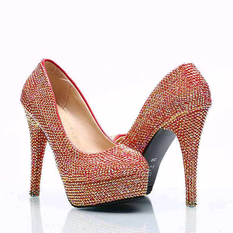 Glanzende volledige rode Diomond trouwschoenen pompen hoge hakken bruids schoenen 5 cm 8 cm 11cm 14cm bling bling prom schoenen voor dame