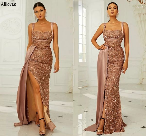 Brillant Plein Paillettes Longue Gaine Robes De Soirée Sexy Bretelles Spaghetti Aso Ebi Occasion Formelle Femmes Robes De Soirée Peplum Plus La Taille Haute Split Vestidos De Festa CL2342