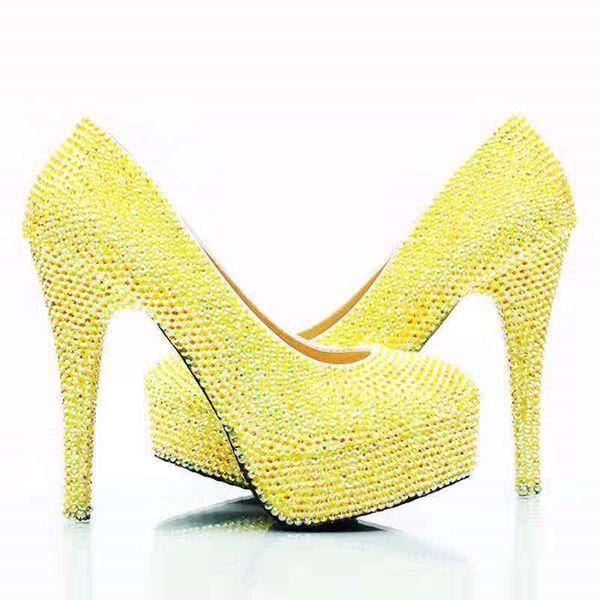 Chaussures de mariage Diomond jaune brillant, escarpins à talons hauts, chaussures de mariée 14cm, chaussures de bal scintillantes pour dames