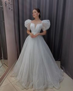 Glanzende glitter trouwjurken met puff kort mouw vintage lovertjes bruid jurk 2023 boho trouwjurken prinses gewaad de mariee