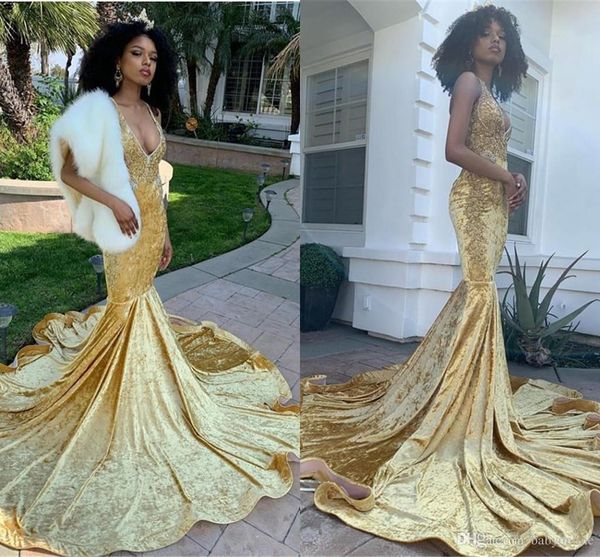 Shiny Glitz Gold Elegant Mermaid Prom Dress Party Queen Sexy Deep V Neck Vestidos de noche African Formal Party Red Carpet Pageant Wears ogstuff