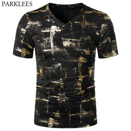Shiny Gold Bronzing Print T-shirt Mannen Merk Korte Mouw V-hals T-shirt Hip Hop Club Party Stage Kleding Camisetas 210629
