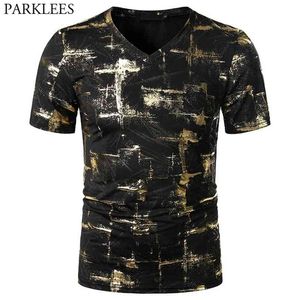 Shiny Gold Bronzing Print T-shirt Mannen Merk Korte Mouw V-hals T-shirt Hip Hop Club Party Stage Kleding Camisetas 210716