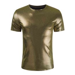Glansende goud gecoate metallic nachtclub slijtage T -shirt Men 2022 Brand Disco Party Stage Prom T -shirts Men Streetwear T -shirt Homme L220704