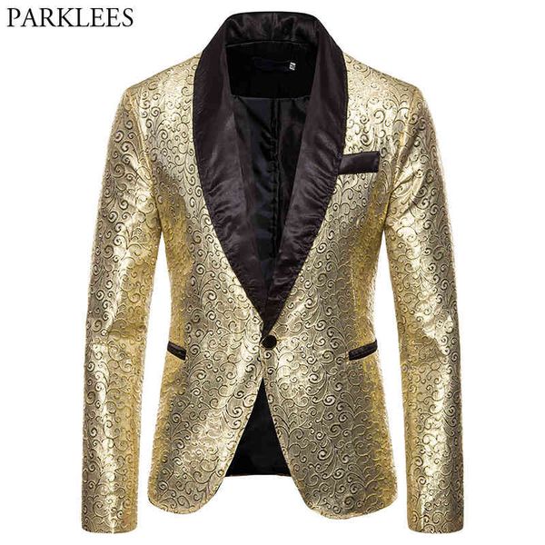 Chaqueta de traje de un botón de jacquard Floal dorado brillante para hombre, chal negro con cuello ajustado, Blazers para hombre, ropa de fiesta de graduación para hombre 210522