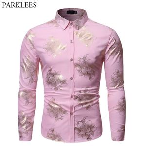 Brillant or imprimé fleuri rose chemise hommes marque Slim Fit à manches longues hommes chemises habillées fête mariage décontracté Social chemise 210522