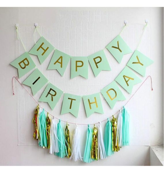 Letras doradas brillantes Feliz cumpleaños banderines verde menta 15 piezas kits de bricolaje guirnalda de papel tisú borla decoración de fiesta Kit4431045