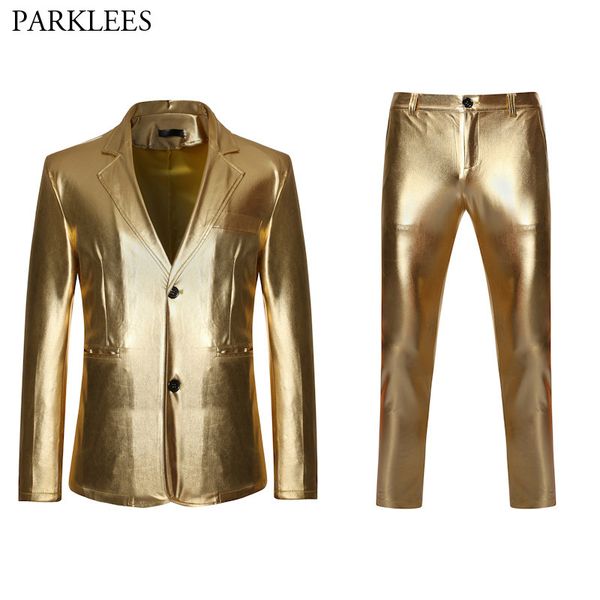 Shiny Gold Metallic Glitter Traje Hombres Nightclub Slim Fit Single Breasted Trajes para hombre con pantalones DJ Stage Cantante Traje Homme XXL 210524