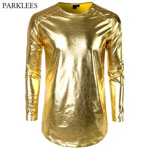 Glansende gouden metallic longline t-shirt mannen 2018 gloednieuwe nachtclub heren t-shirts casual o nek hiphop top Tees feestdansshow