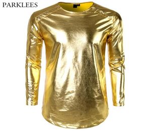 Glanzend Goud Metallic Longline T-shirt Mannen 2018 Gloednieuwe Nachtclub Heren T-shirts Casual O Hals Hiphop Top Tees Party Dance Show4046204