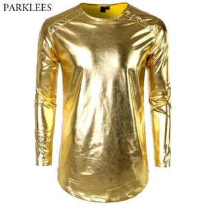 Glanzend Goud Metallic Longline T-shirt Mannen 2018 Gloednieuwe Nachtclub Heren T-shirts Casual O Hals Hiphop Top Tees Party Dance Show8935725