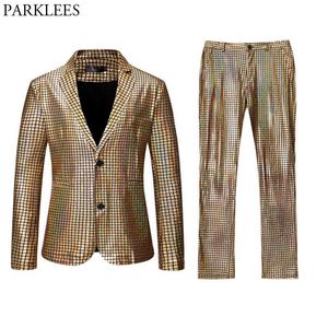 Shiny Gold Plaid Sequin Suits Men Prom Dance Prom Suits With Pants Mens Festival Carnaval Christmas Halloween Party Stage Outfit X0909