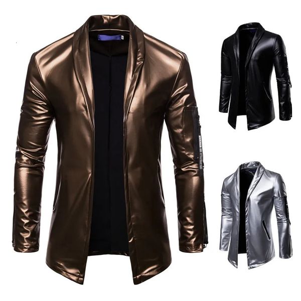 Veste de blazer en cuir en cuir en or brillant masculin slim cardigan blazers Blazers Nightclub Party DJ Clothers pour mâle 240507