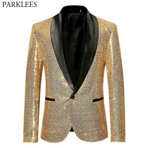 Abiti glitterati con paillettes oro lucidoBlazer Uomo Collo a scialle Club DJ Mens Blazer Jacket Stage Clothers per cantanti Xxl 210522
