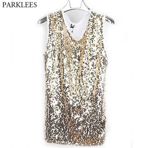 Shiny Gold Lentejuelas Brillo Embellecido Tank Tops Hombres Nightclub Stage Realizar Danza Chaleco sin mangas para hombre Hip Hop Elástico Camiseta 210522