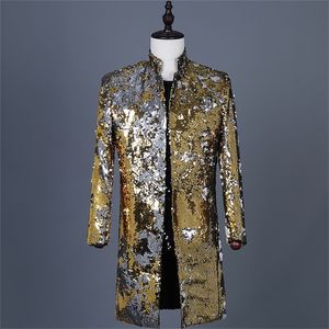 Brillant Or Paillettes Paillettes Longue Blazer Veste Hommes Col Montant Slim Fit Costume De Smoking Blazers Mens Party Prom Stage Vêtements Mâle 220815