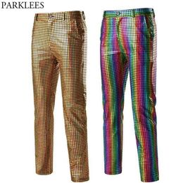 Pantalon à carreaux à paillettes dorées brillantes pour hommes, discothèque, scène, bal, Bling, fête de noël, Studio, danseur, chanteur, Costume 3X 2242f