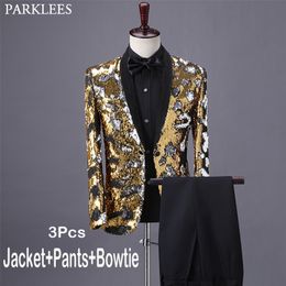 Brillant Or Sequin Tuxedo Costume Homme Col Châle Slim Fit Gliiter Robe Costumes Hommes Fête De Mariage Dîner De Bal Terno Masculino 4XL 201106