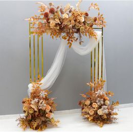 Glanzende gouden bruiloft decoratie stoffen rek bloemen vlag spandoeken hangende achtergronden deurkozijn vierkante geometrie bloem rij boog scherm2462