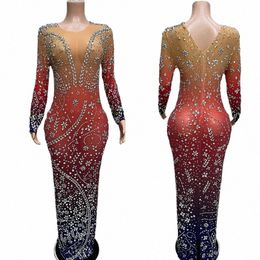 Brillante gradiente Rhinestes Dr Lg mangas Prom Dr Evening Dres mujeres cumpleaños celebrar disfraces Rave Outfit XS5693 57ND #