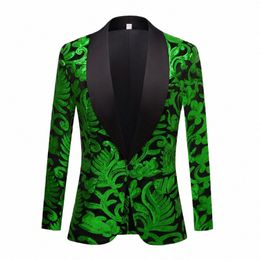 Glanzende Groene Bloemen Sequin Tuxedo Blazers Mannen Een Butt Sjaalkraag Dr Jasje Party Diner Bruiloft Prom Zanger Kostuum Y4nV #