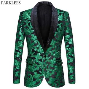 Brillant Vert Floral Paillettes Tuxedo Blazers Hommes Un Bouton Col Châle Robe Costume Veste Dîner De Mariage De Bal Chanteur Costume 220815