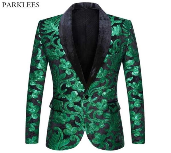 Brillant vert Floral paillettes smoking Blazers hommes un bouton col châle robe Costume veste fête dîner mariage bal chanteur Costume 224671415