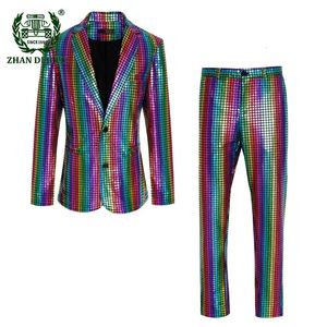 Costumes de paillettes métalliques vertes brillantes pour hommes Blazer avec pantalon Set Twopiece tenue 70s Disco Nightclub Prom Costume Homme 4xl 231221